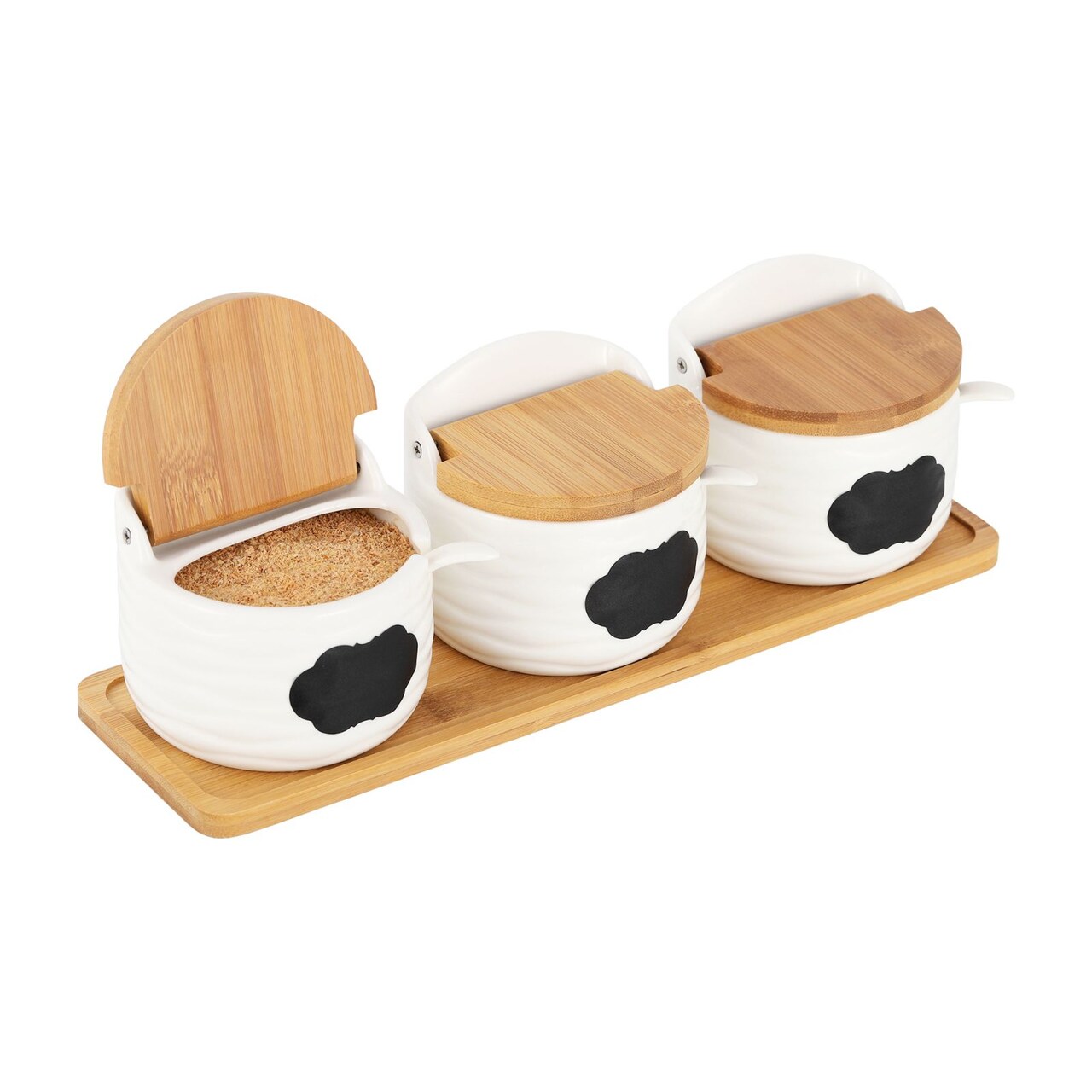 3pcs Condiment Jar Spice Containers with Bamboo Lids and Spoon Seasoning Pots